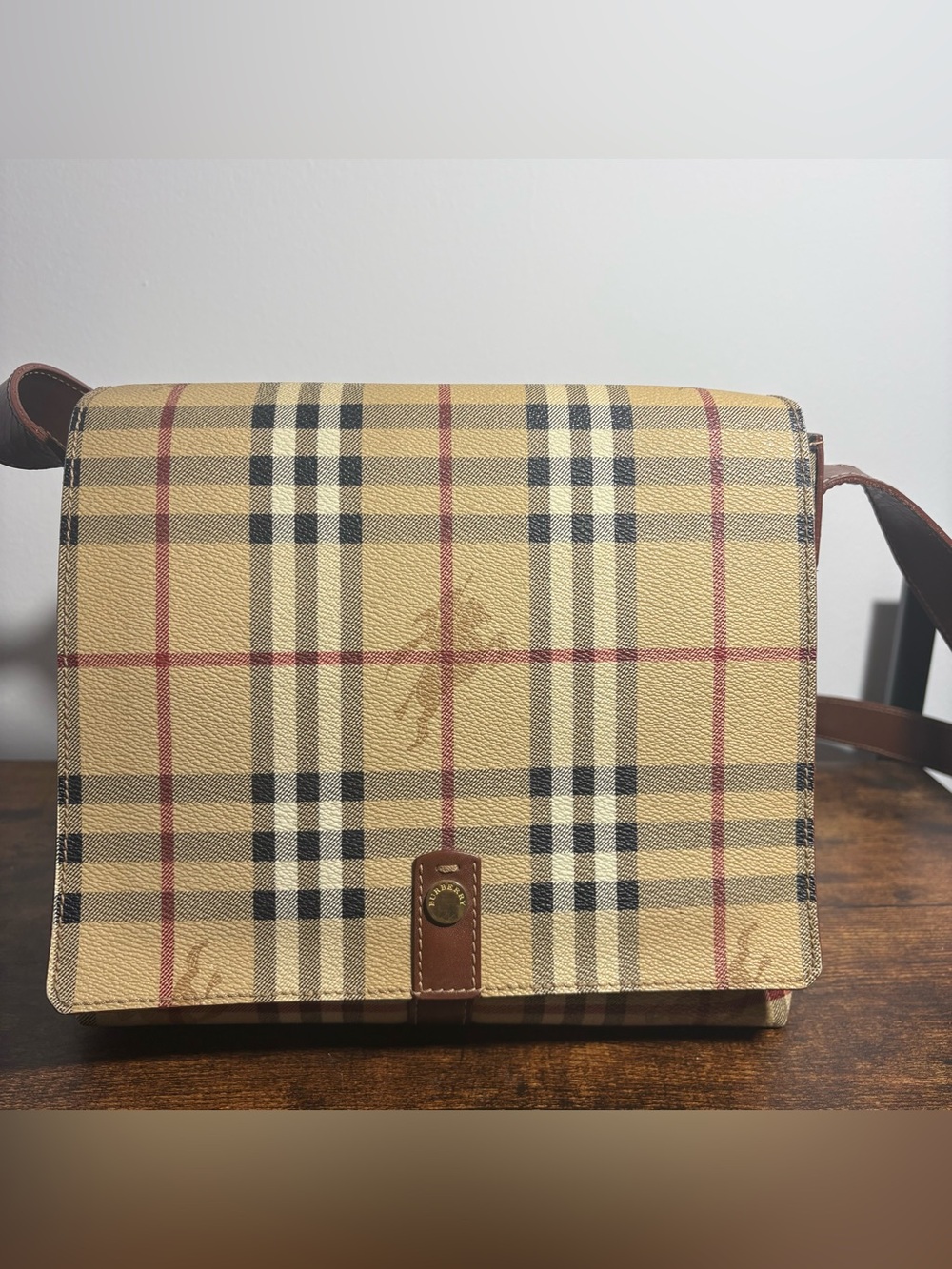 Burberry Beige Plaid Leather-Trim Messenger Bag